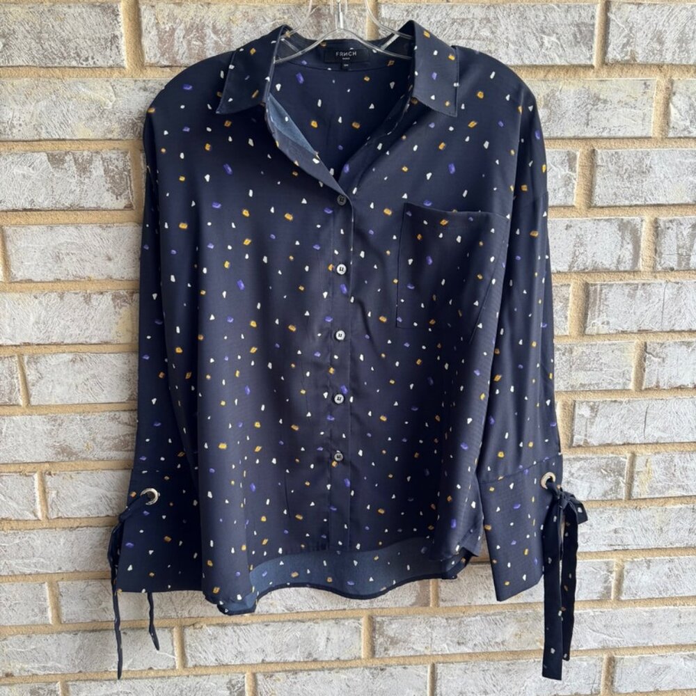 FRNCH 3/4 Sleeve Tie Cuff Geometric Print Button Down Blouse Women's Size S
